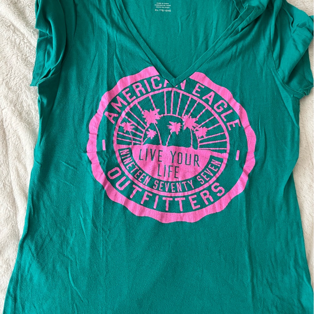 American Eagle Outfitters Teal V-Neck Logo Tee with Pink Graphic